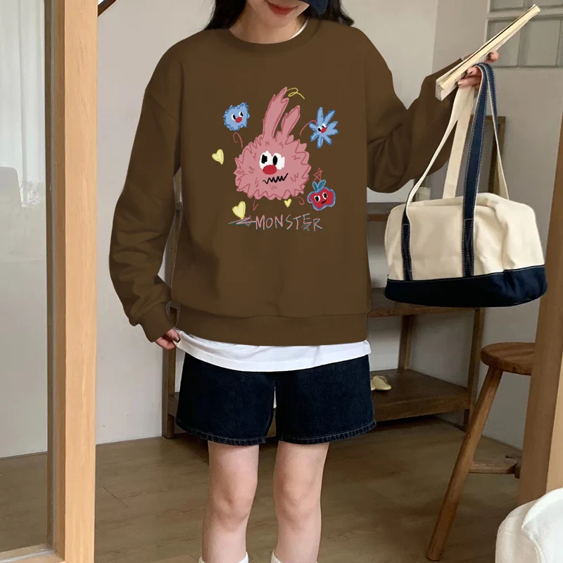 Crew Neck Loose Sweater Women's Spring and Autumn 2024 New Popular Pink Little Monster Trend Printed Sweatshirt