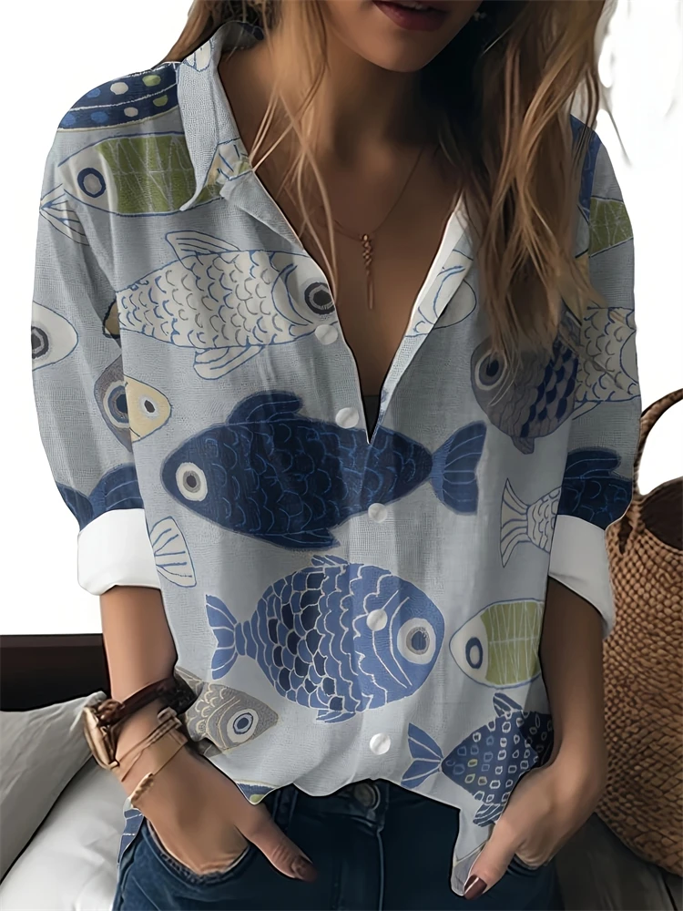 2025 New Women's Lapel Shirt Tops Casual Long Sleeve Button Down Shirts Women's Tops Fun Cat Pattern Women's Shirts Women's