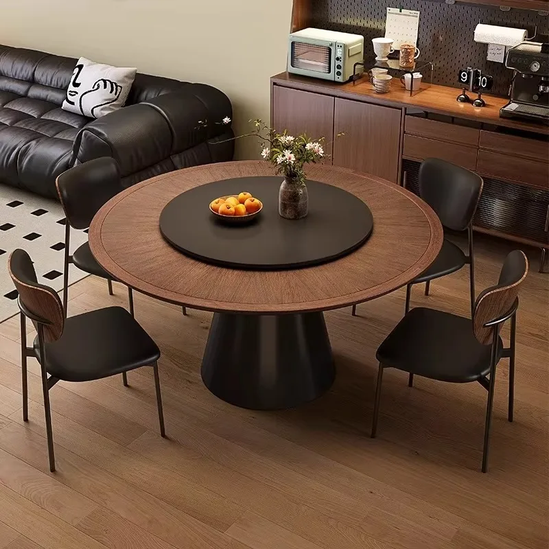 French Retro Solid Wood Sintered Stone Dining Table Set Household Living Room With Turntable Circular Antique Style Dining Table
