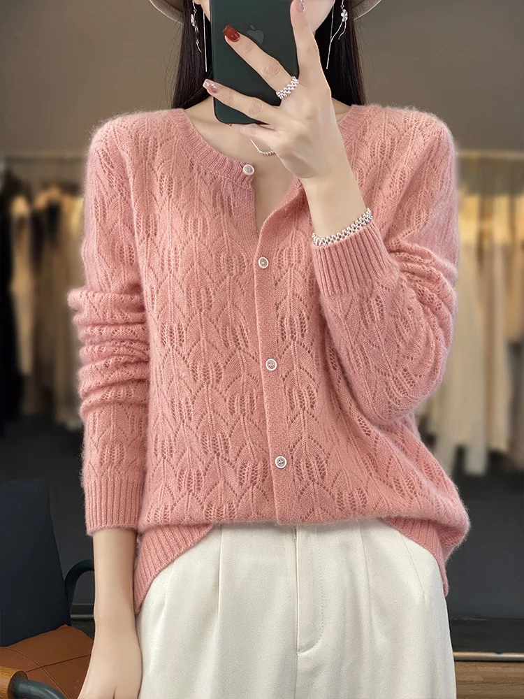 2024 Spring Autumn Women Cardigan Knitwear 100% Merino Wool Tops O-neck Long Sleeve Women Sweater Korean Popular Clothing Tops