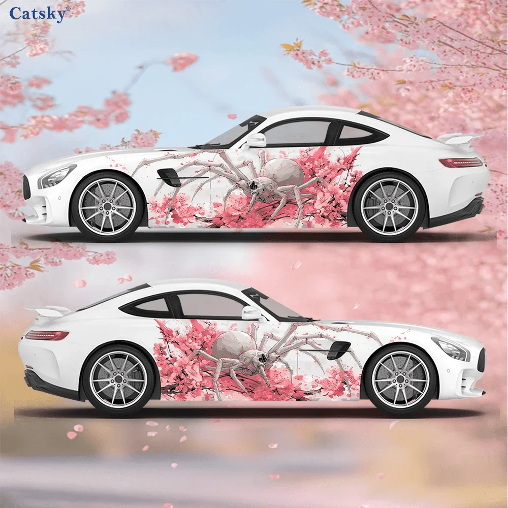Skull Spider Pink Flowers Car Vinyl Wraps Decal Self-adhesive PVC Sticker Suitable for Trucks SUV Decor Auto Accessories Gift