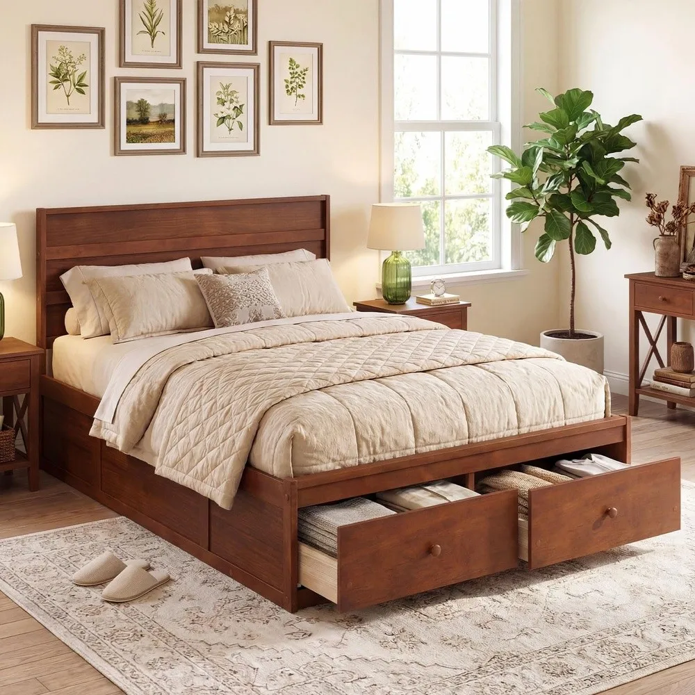 Full Size Bed Frame with Storage Drawers Wood Platform Bed with Headboard Mattress Foundation w/Solid Wooden Slat