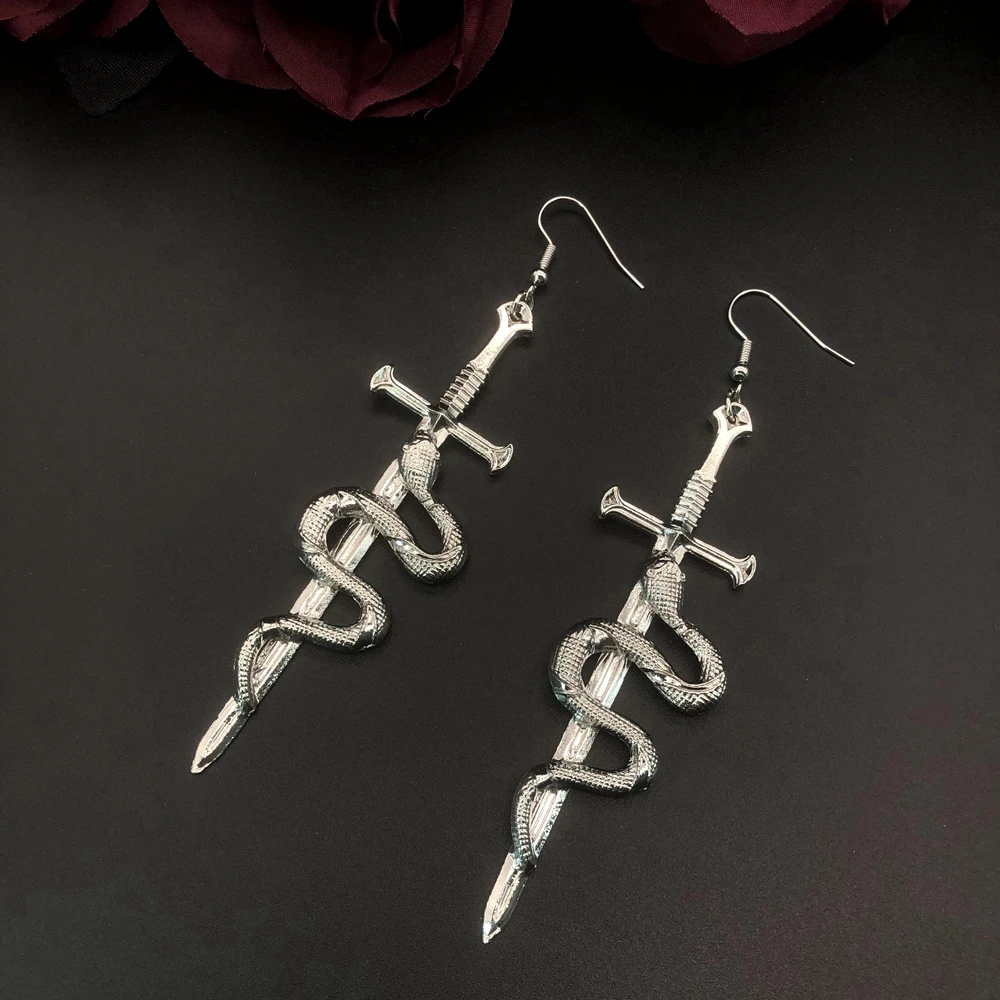 Snake with Sword Dangle Earrings Glamour Serpent Goth Sword Earrings Gift Gothic Hoops Witchy Goddess Dark Statement