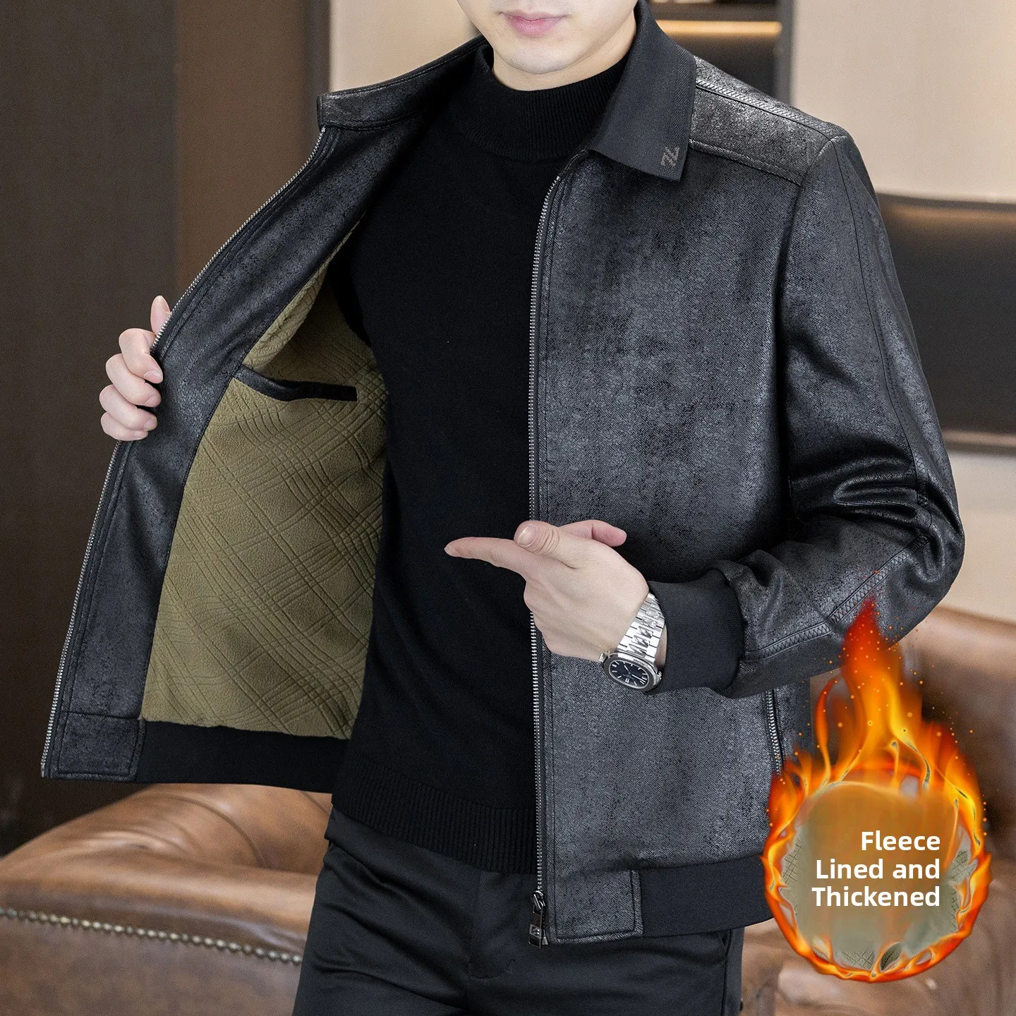 

High Quali Men's Fce Lined Jaet Casual Collar Autumn Winter New Sle Slim Fit Outerwear Windproof Long Sve Commute...