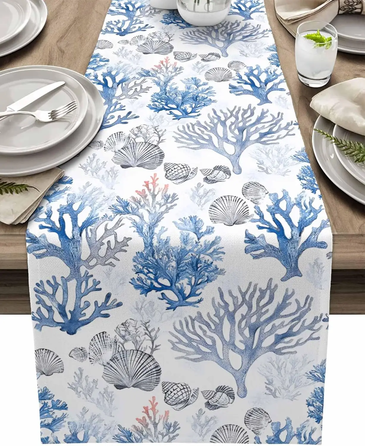 Summer Ocean Shell Linen Table Runner Dresser Scarf Decor Seasonal Water Blue Coral Table Runners for Kitchen Dining Table Decor