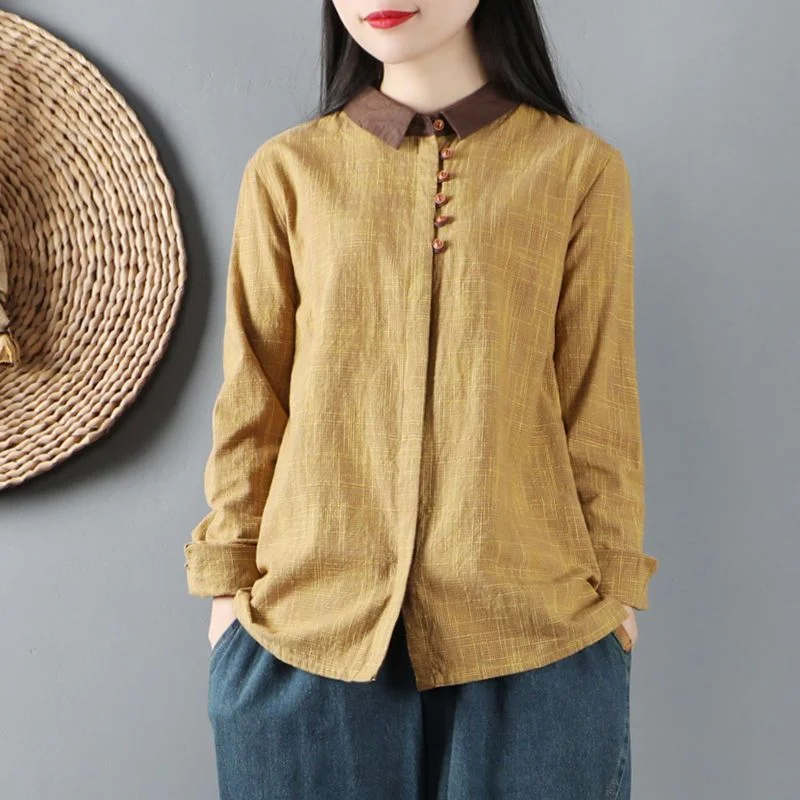 

Harajuku Style Retro Shirt Loose Casual Linen Design Hong Kong Literary Top