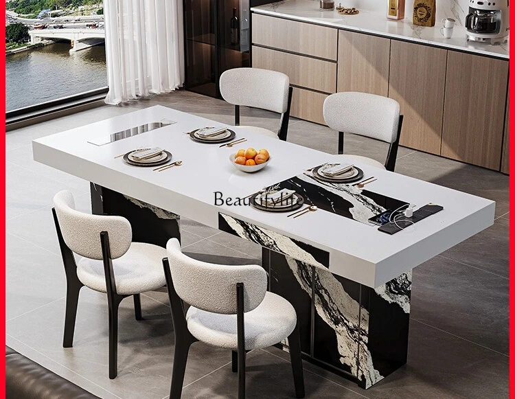 04**Rock slab color matching island dining table integrated Italian minimalist custom home with storage