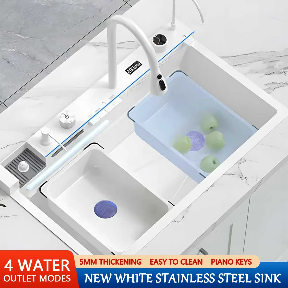 

White Whale Rain Waterfall Kitchen Sink 304 Stainless Steel with Digital Display Thickened Honeycomb Design for Household