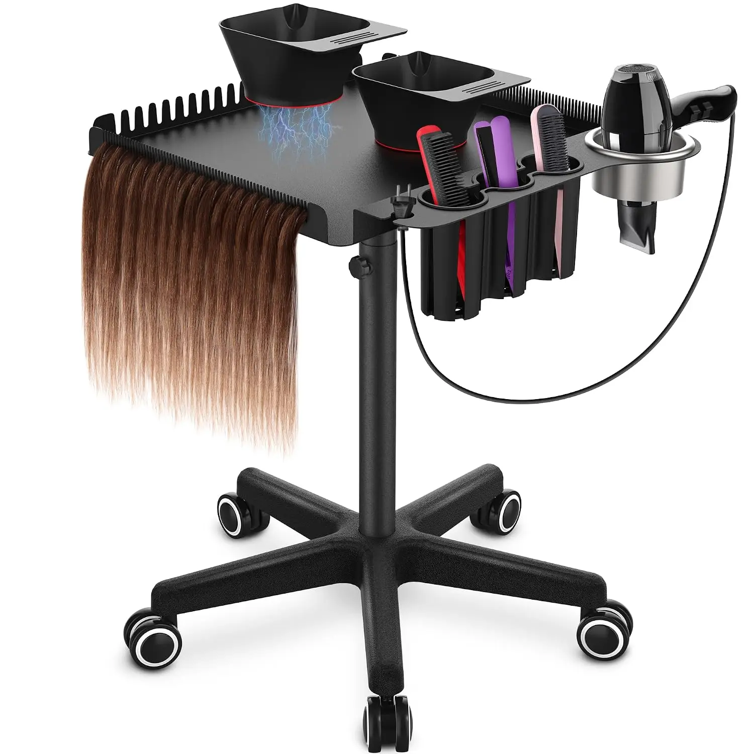Salon Rolling Tray Cart with Wheels Adjustable Height 22-38 In 2 Magnetic Hair Dye Bowls Heat Resistant Tool Slots Braiding Rack 5-Star Base Cart