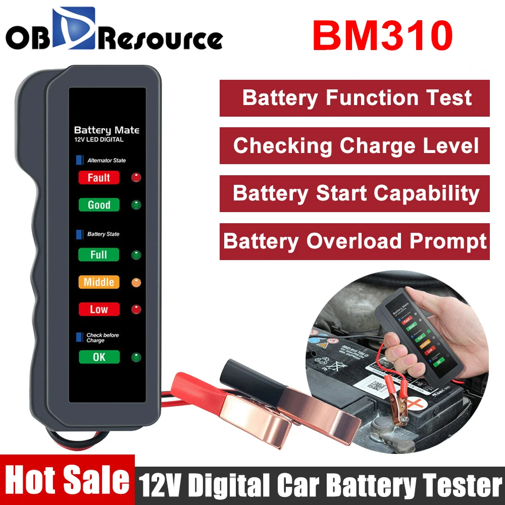 

OBDResource Car Battery Tester BM310 12V Car Digital Tester with 6 LED Light Display Car Analyzer Alternator Diagnostic Tool