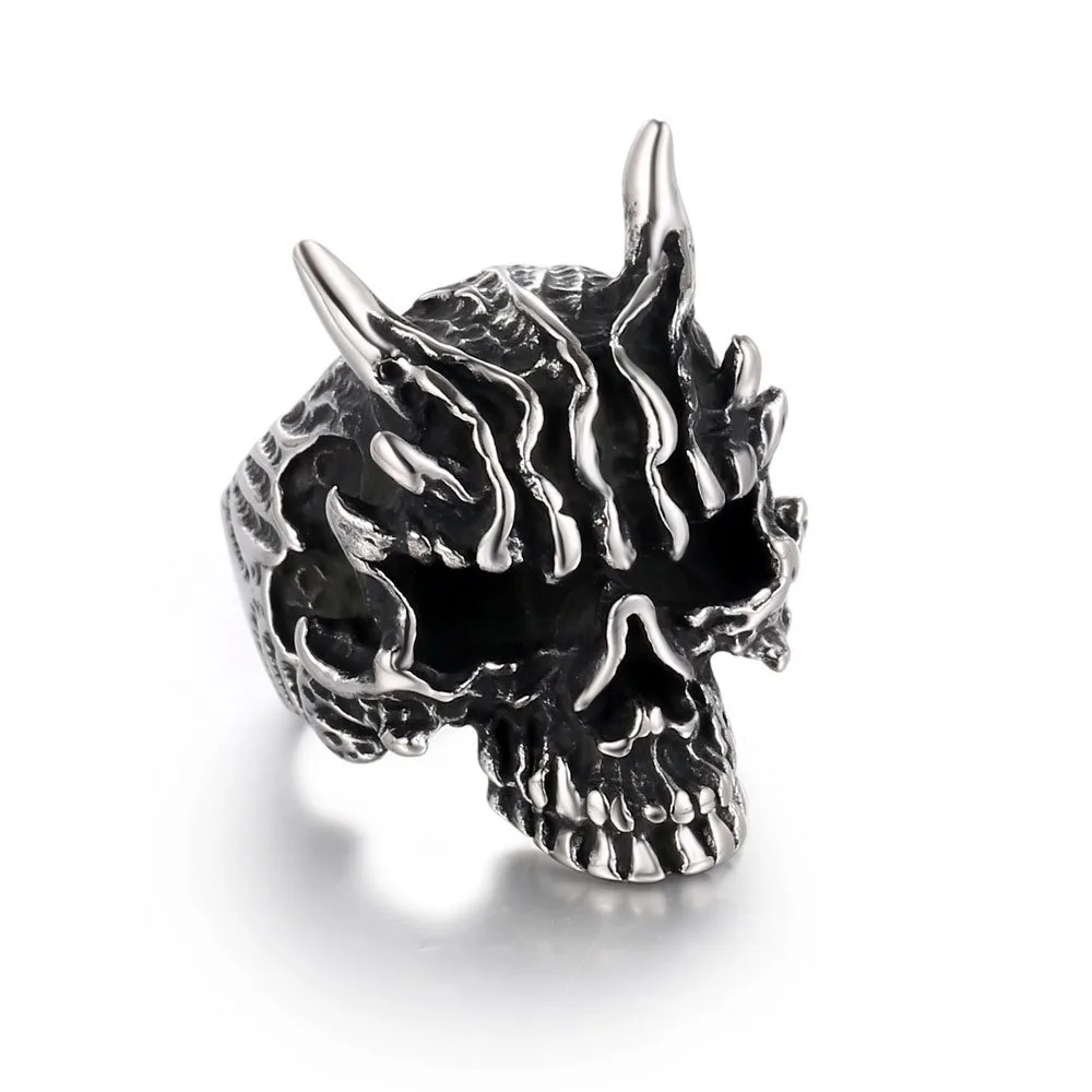 European and American Retro Personality Exaggerated Ghost Head Dragon Horn Ring Alternative Trendsetter Men's Rings Size 7-11