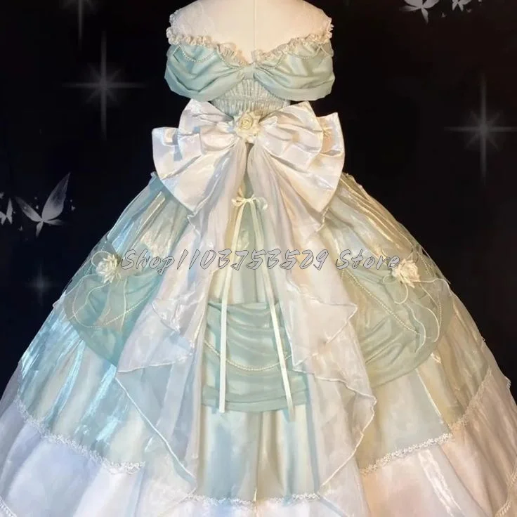 Fantasia Victorian Light Green Prom Dresses, Espartilho de ombro delicado cartão, 3D Floral Layered Column, lindos vestidos de noite, Prom Party