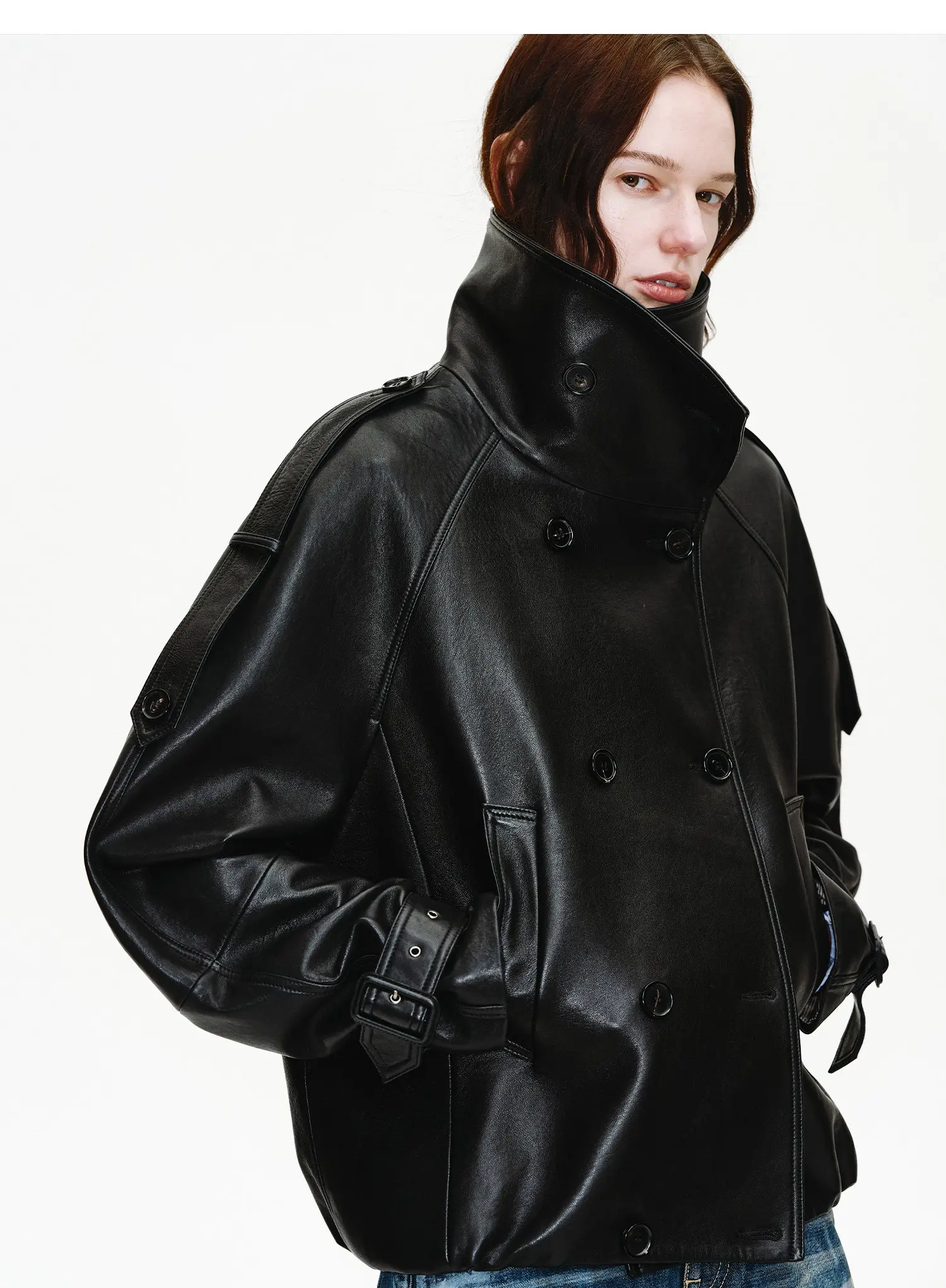 Lautaro Spring Autumn Cool Handsome Oversized Black Pu Leather Jackets for Women Double Breasted Luxury Designer Clothes Fashion
