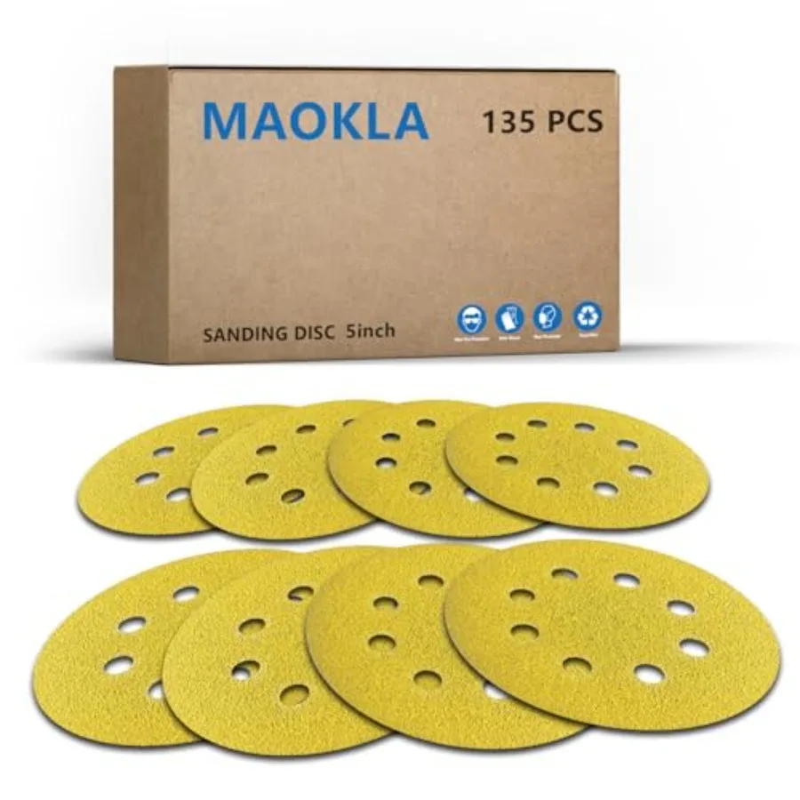 

135 PCS 5 Inch Sanding Discs, 8 Hole, Round Hook and Loop Sandpaper, 40-400 Grit, Gold, for Random Orbital Sander