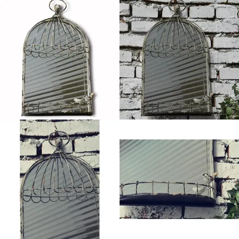 Vintage Country Style Metal Birdcage Wall Mirror Decorative Hanging Window Mirror for Outdoor Garden Balcony Home Decoration