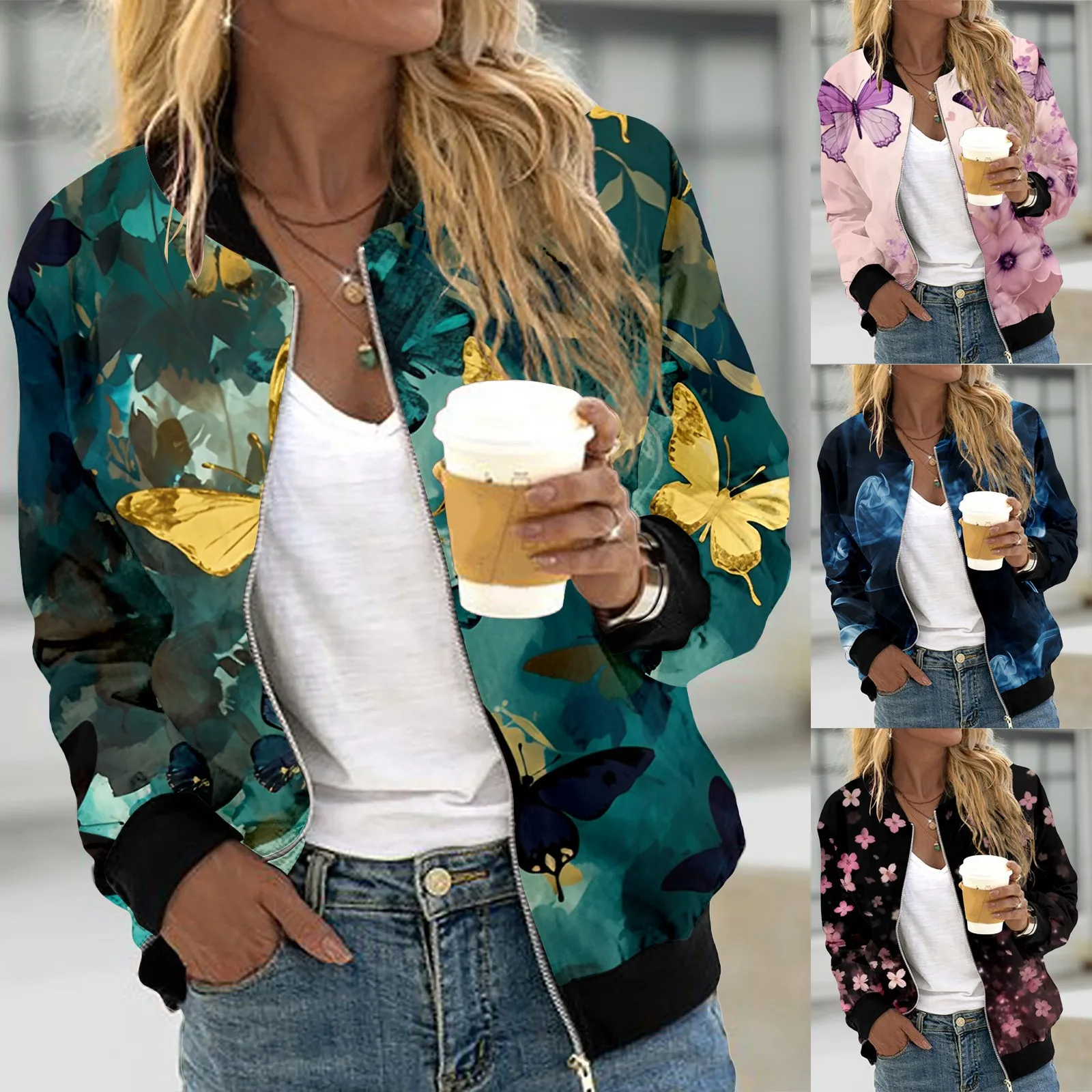 

Womens Casual Jackets Zip Up Jacket Floral Print Coat Stand Short Sports Zipper Fall Jackets Women Olive Casual Jacket Women