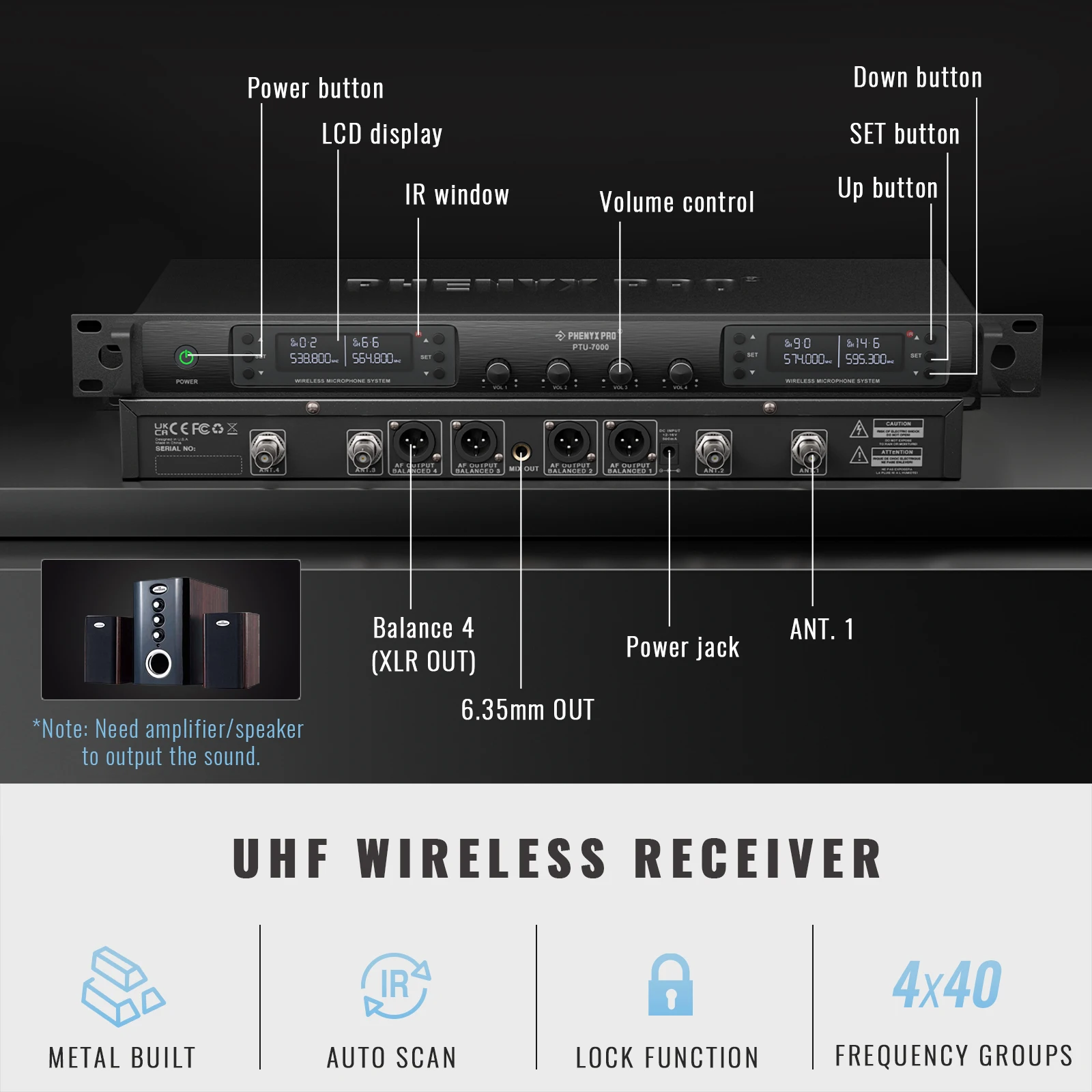 Phenyx Pro UHF Wireless Microphone System PTU-7000 with 4x40Channels Handheld Mics Auto Scan Selectable Frequency For Church