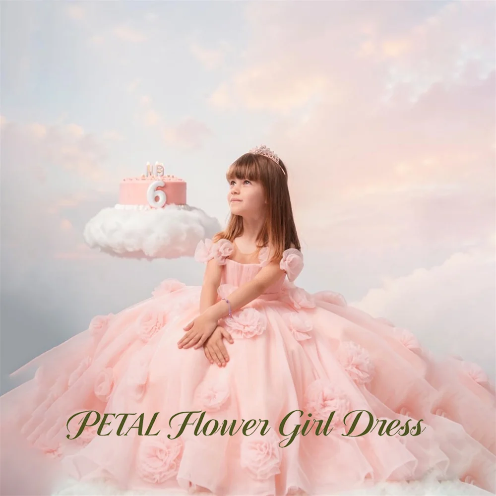 

Petal Peach Pink Flower Girl Dress O Neck Off the Shoulder Baby Kids Birthday Dress with 3D Floral Modest Pageant Dress for Girl
