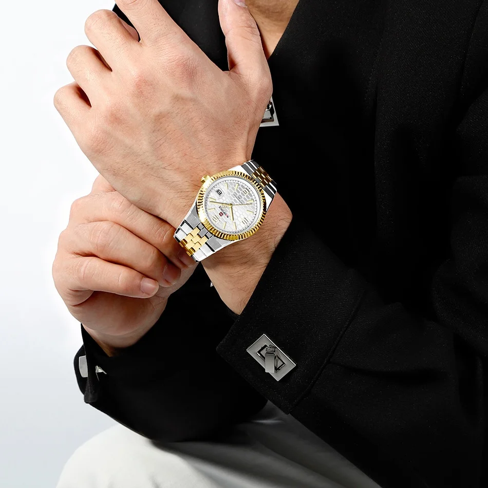 NAVIFORCE Men's Stainless Steel Quartz Watch Water-Resistant 30 Meters Calendar Function Luminous Pointer Display Boy's Clock
