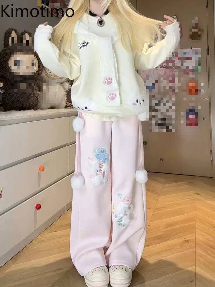 Kimotimo japonés lindo cachorro bordado encaje empalmado pantalones largos mujeres 2025 Otoño Invierno Casual suelto versátil Y2k ropa de calle