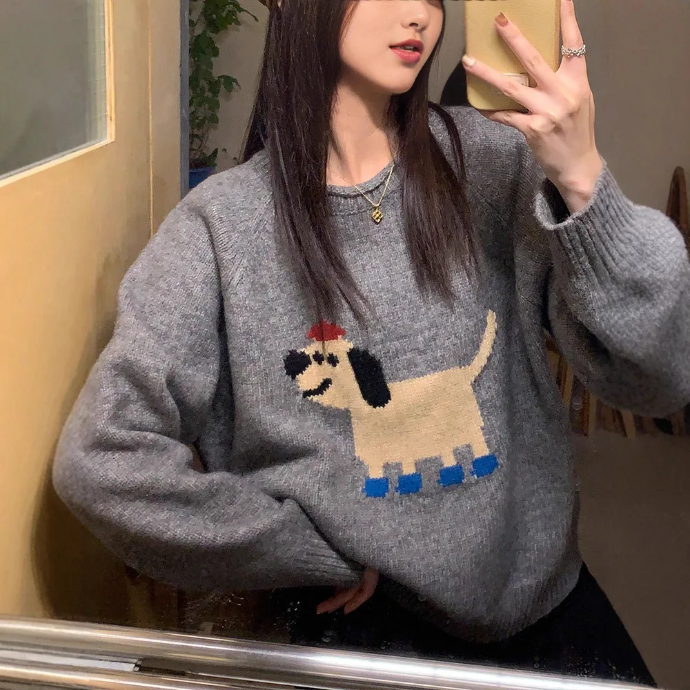 2025 nuevo suéter de mezcla Jacquard bordado de cachorro para mujer otoño lindo Casual prendas de punto de cuello redondo