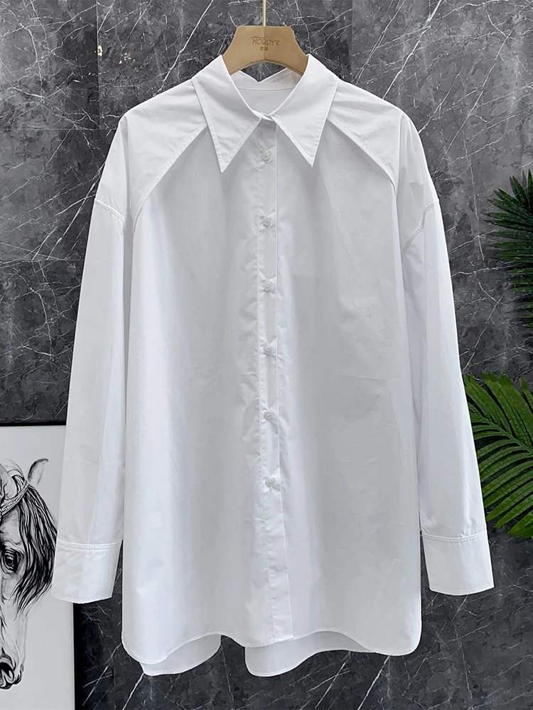

Элегантная белая рубашка свободного кроя средней длины, стройнящая, с высококачественной строчкой, хлопковая, с воротником, на пуговицах, женская модная одежда