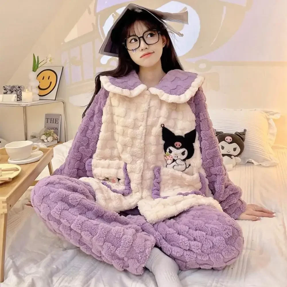 Sanrioed Anime Kawaii Cinnamoroll My Melody Kuromi Women\'s Pajamas Coral Velvet Thickened Long Sleeve Nightwear Winter Homewear