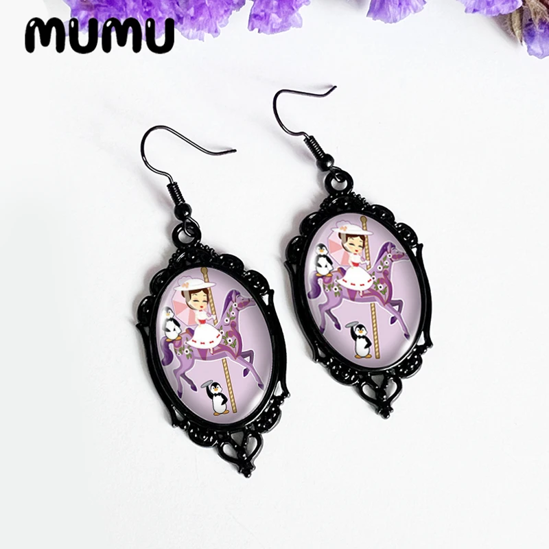 2024 New Mary Poppins Dangle Earring Black Lace Oval Earrings Handmade Glass Dome Jewelry Gifts