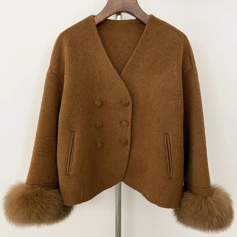 

Elegant Woolen Jacket Autumn Winter Wool Coat Single Breasted Woolen Jacket Female Scarf Collar Natural Fox Fur Coat Women