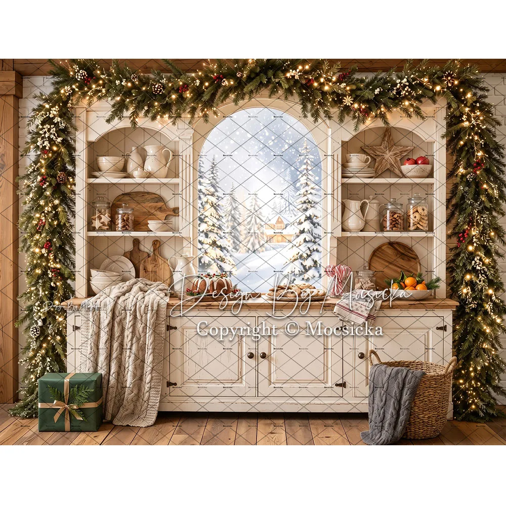 Mocsicka White Christmas Kitchen Backdrop Photography Wooden Cabinet Window Garland Background Family Winter Xmas Photo Studio
