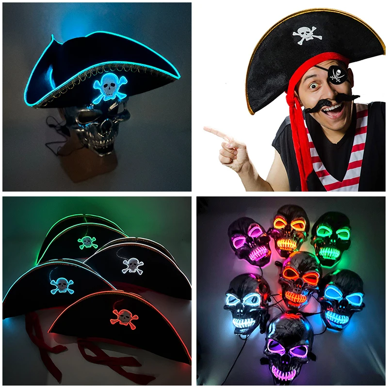 

Glowing Pirate Hat luminous Print Skull Cap Glowing Headgear Tricorn Hat for man women Pirate Captain Cosplay Costume Props