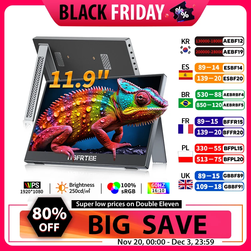 

HGFRTEE 11.9Inch Portable Monitor 100%sRGB 1080P with 60Hz USB-C&HDMI External Display For XBox PS5 Switch Loptop Second Screen