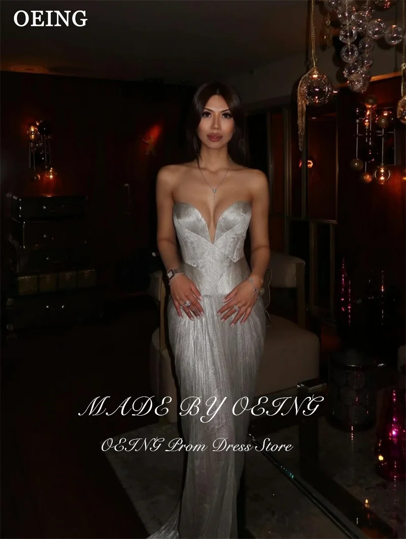 OEING Elegant Mermaid Silver Prom Dresses High Slit Maxi Pleats Birthday Party Dresses Gala Women robes de soirée Customized