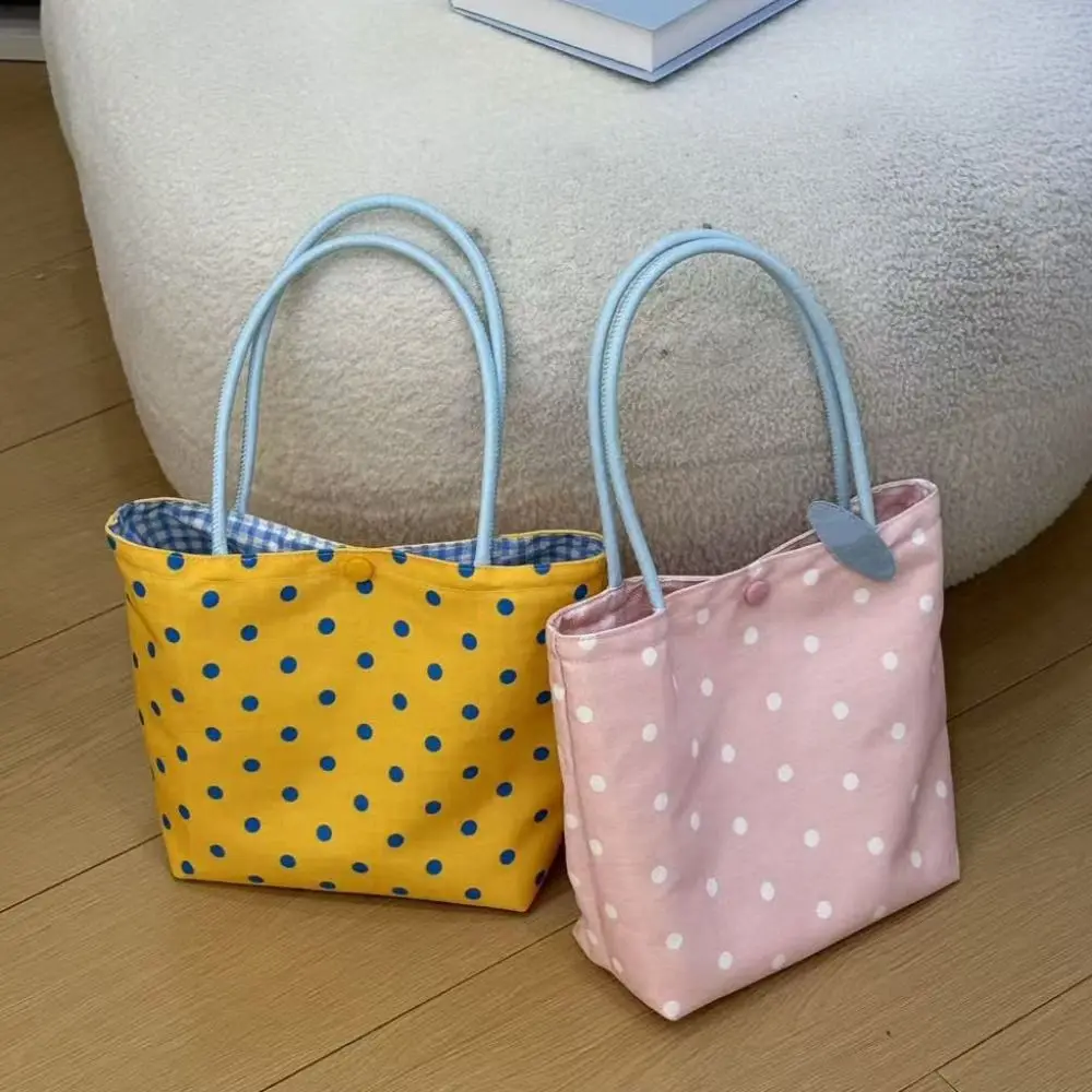New Mini Polka Dot Tote Bag Snap Button Closure Gingham Lining Handbag Casual Carry Bag Daily Carry