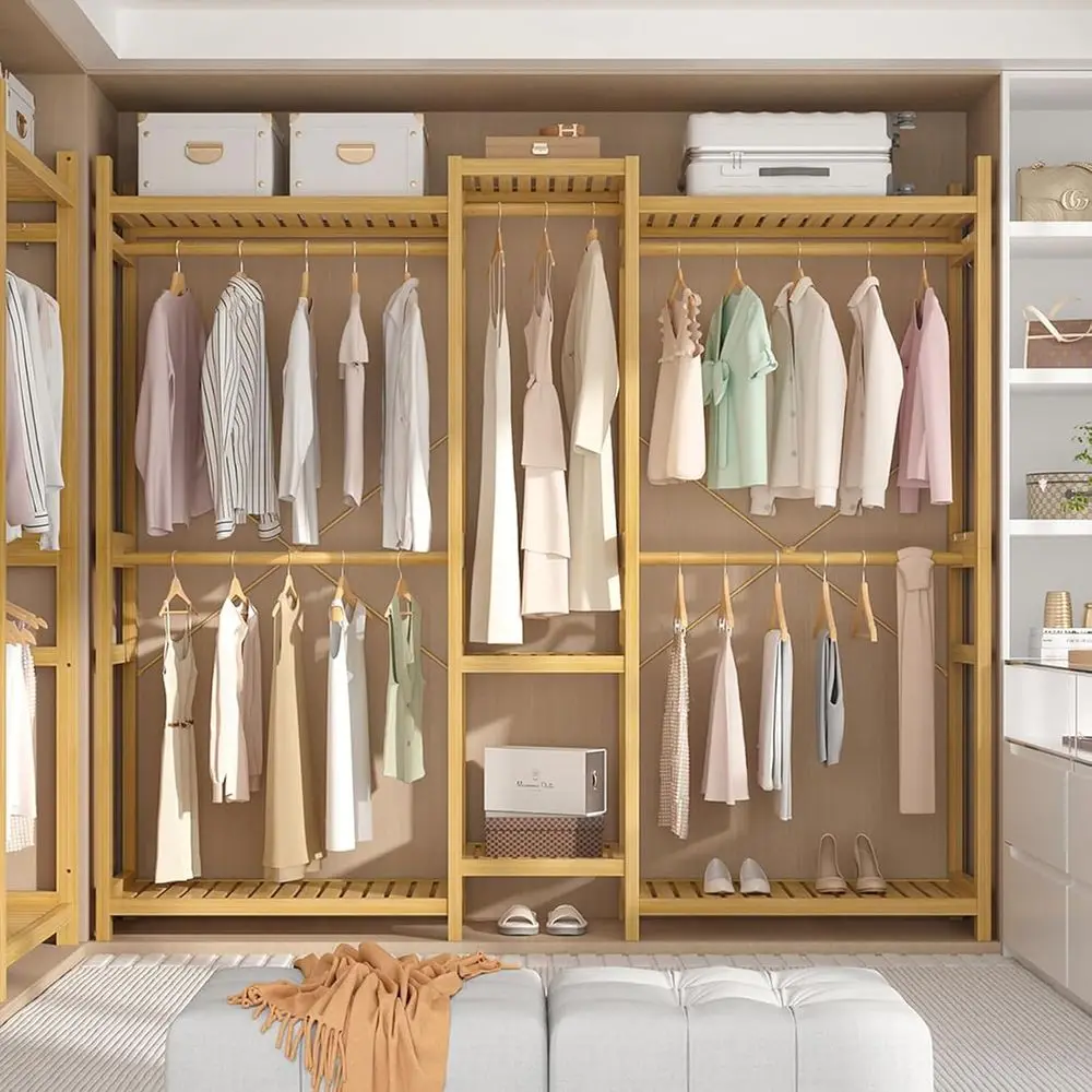 

Large Open Wardrobe Organizer with 7 Shelves, 5 Hanging Rods, and 4 Hooks