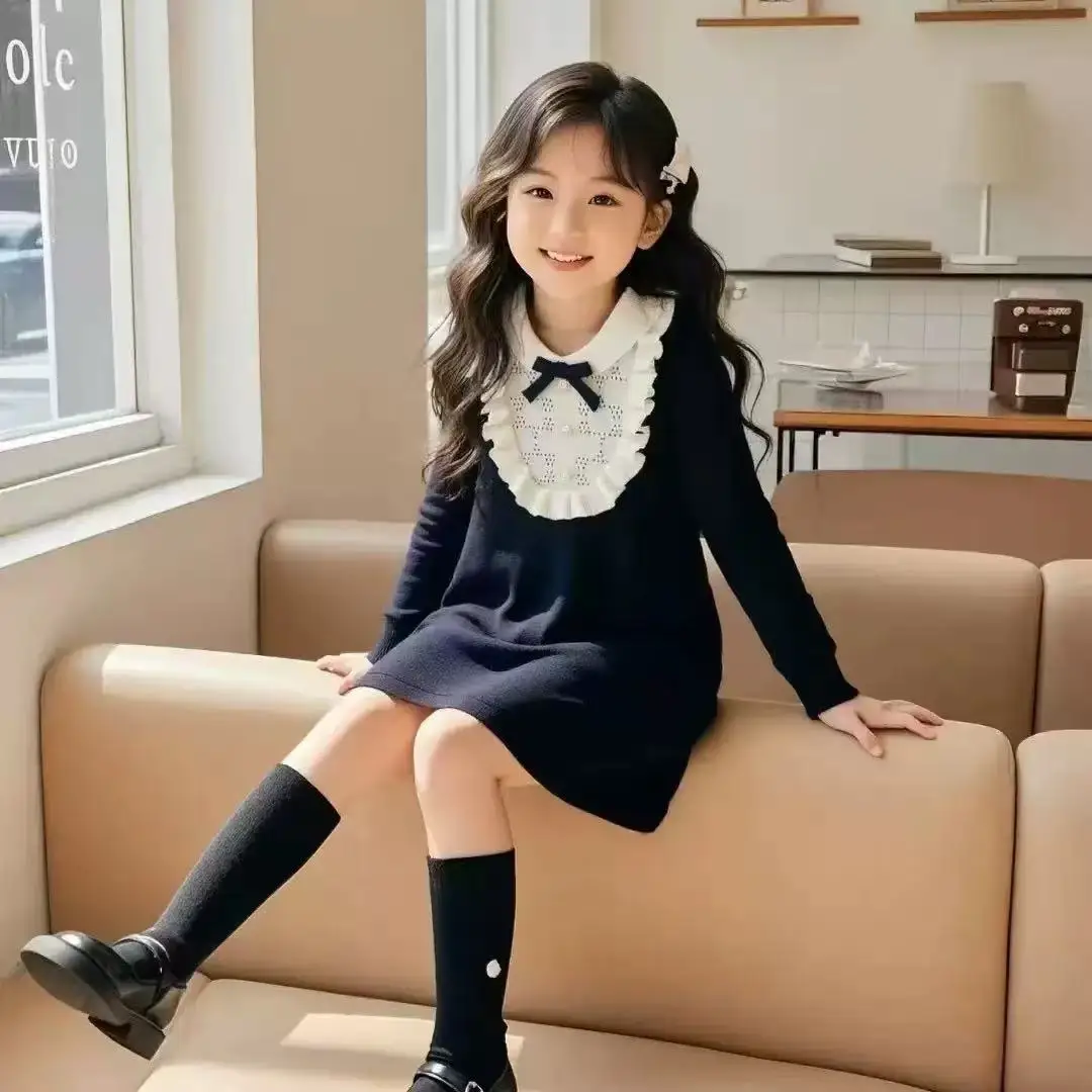

2026 New Autumn Winter Kids Girls School Style Knitted Sweater Dress Fashionable Wool Dress 90-130cm