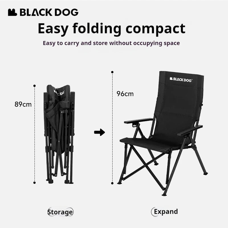 Naturehike BLACKDOG Camping Folding Chair Adjustable 600D Oxford Carbon Steel Outdoor Beach High Backrest Recliner Portable