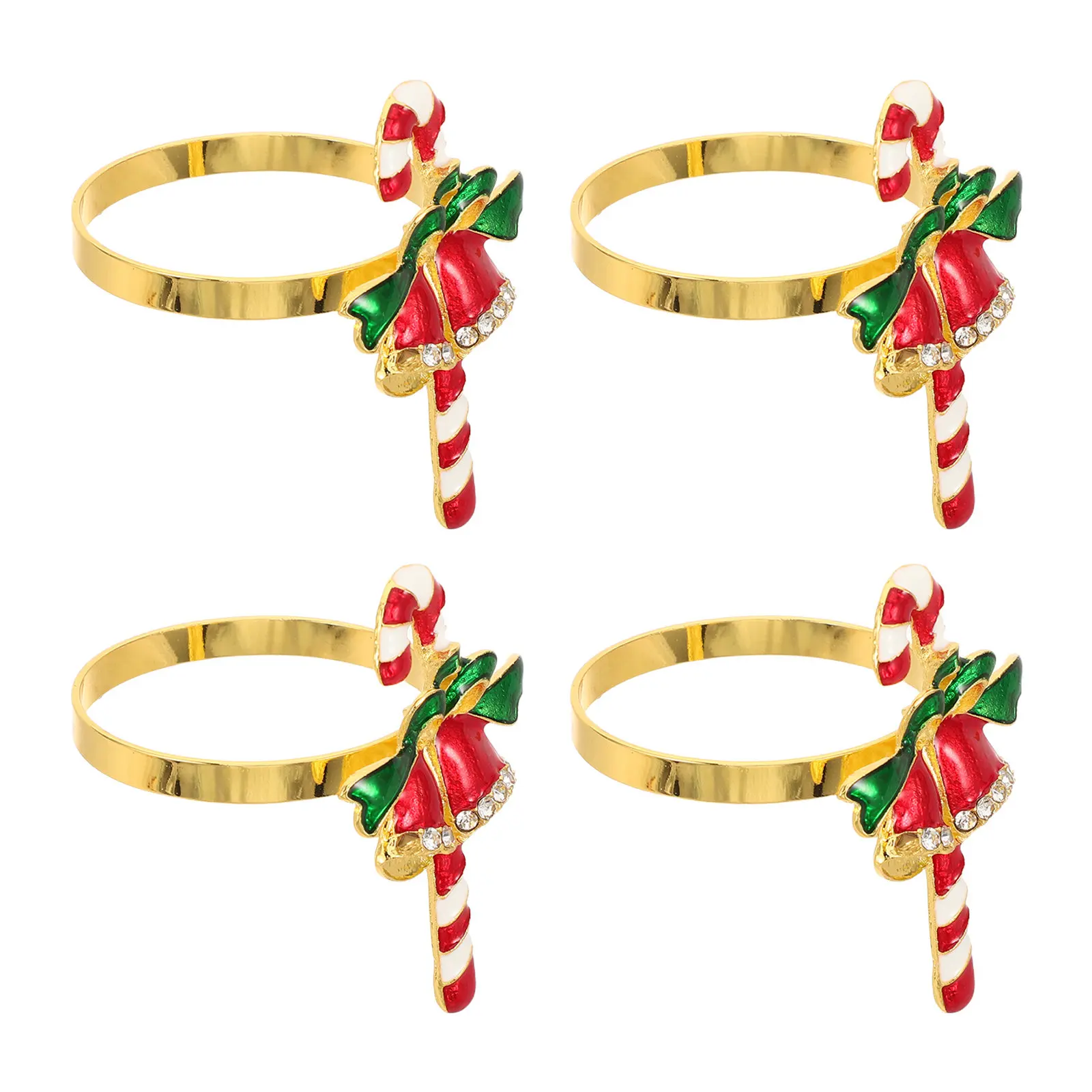4Pack Christmas Napkin Buckle Candy Cane Shape Alloy Metal Rhinestone Dining Table Holder Winter Holiday Decor