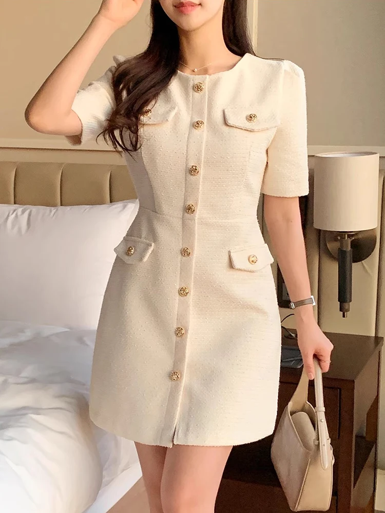 Temperament  Small Fragrance O-neck Vestidos 2024 Summer Korean Chic High Sense Tweed Puff Sleeve Dress Short Dresses Woman