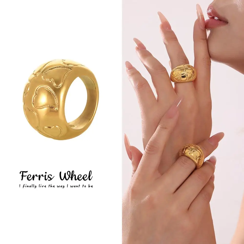 

Exaggerated Faion Stainl Steel Heart Ring Gold Plated 8K True Gold Wheel of Fortune Ring Universal Accory