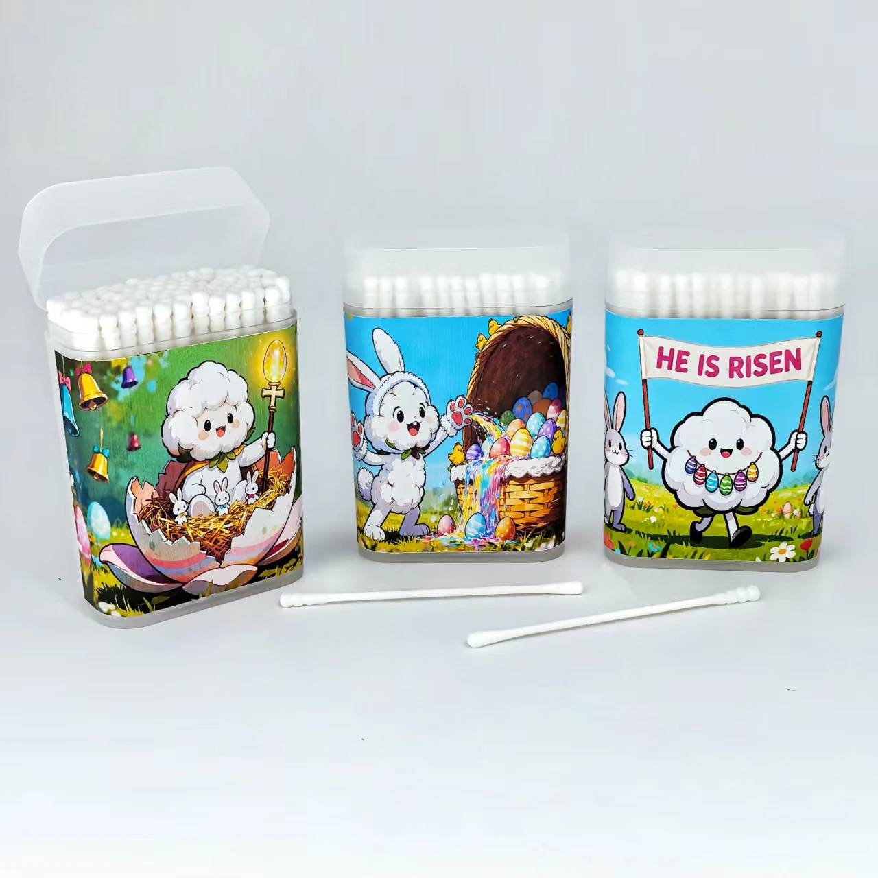 300 pieces of Easter-themed cotton swabs, Easter element double-headed fine-axis screw round cotton swabs