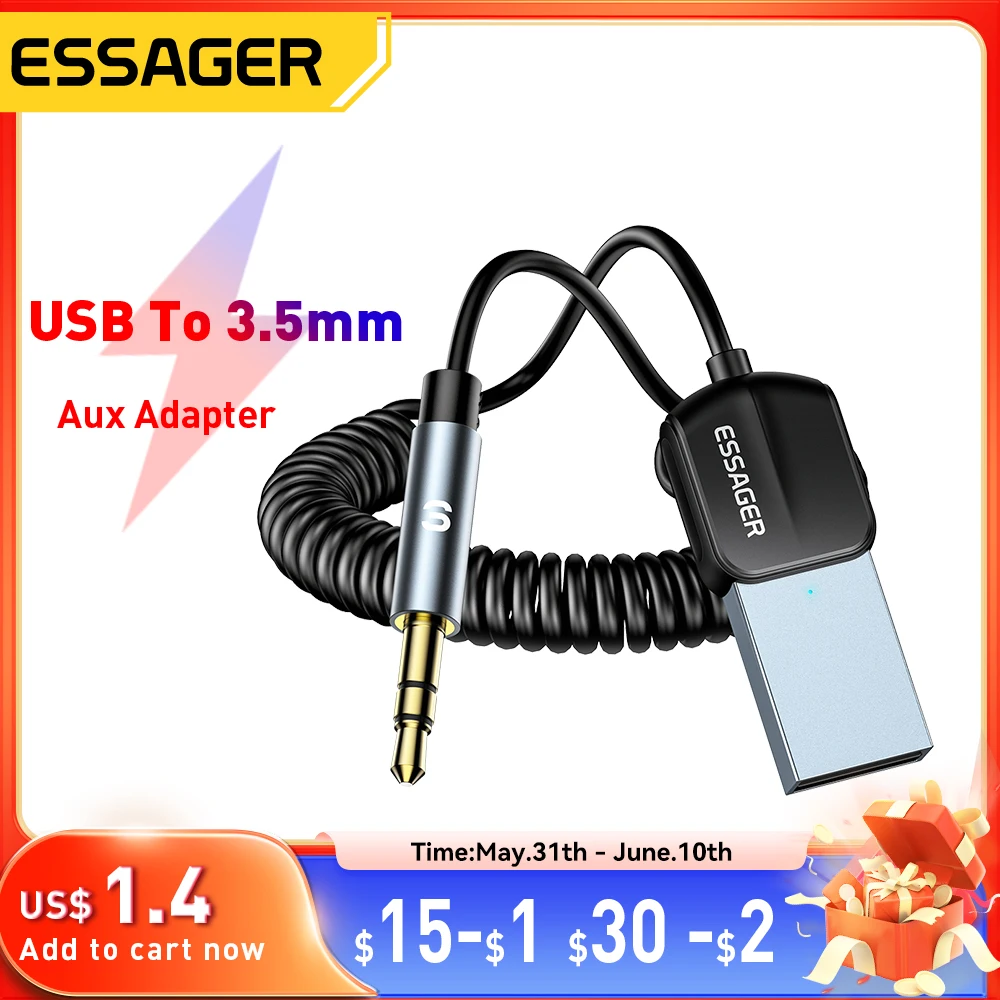 Essager USB Bluetooth 5.0 Receiver Aux Bluetooth Adapter For Car 3.5mm Jack Speaker Auto Handfree Car Audio Music Transmitter