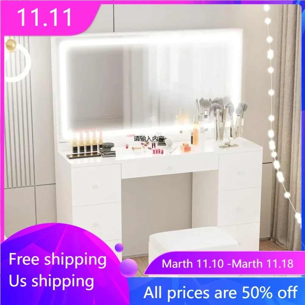 Dressing table, set with LED illuminated mirror and power socket, 7-drawer dressing table, with stool, dressing table