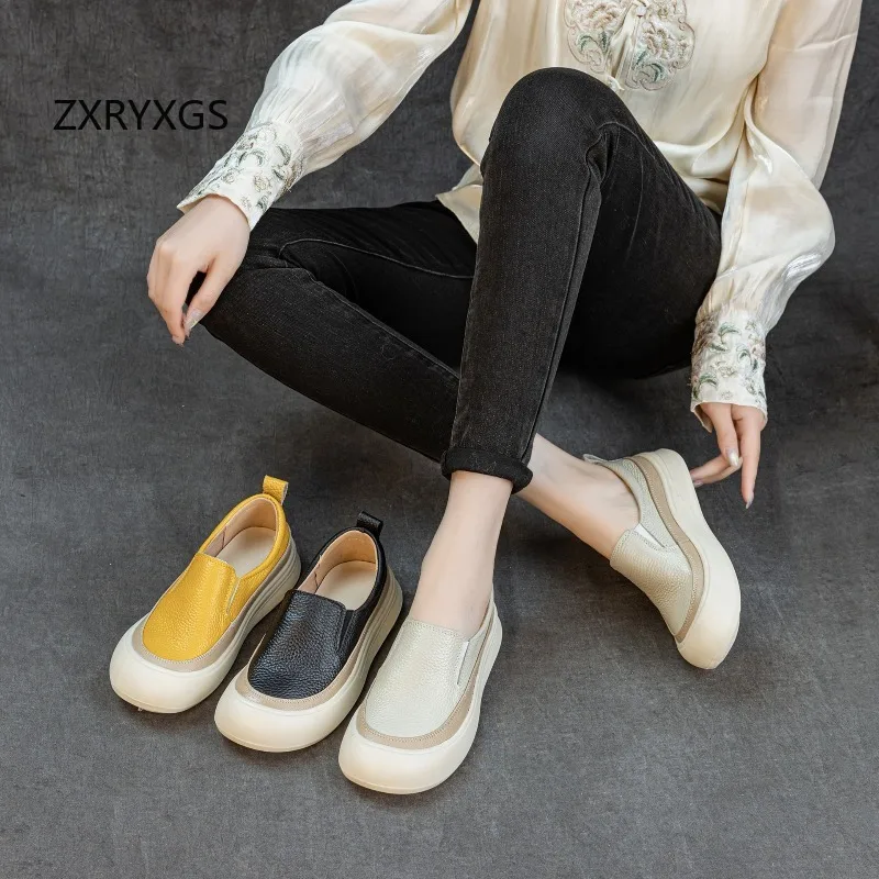 ZXRYXGS Promotional Genuine Leather Spell Color Women Casual Sneakers 2026 New Round Toe Loose Comfortable Flats Trendy Sneakers