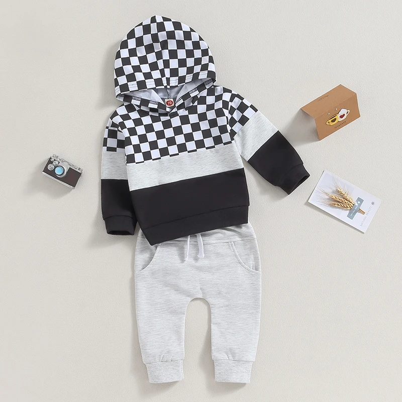 Baju kotak-kotak bayi balita, baju Hoodie blok warna, set pakaian musim gugur dan dingin 0-3T