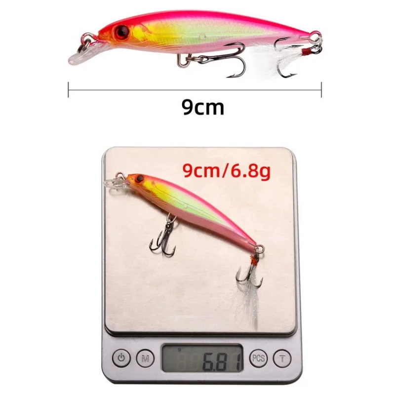 Laser Minnow Fishing Lure 10/5Pcs Artificial Bionic 9cm/7g Swing Hard Bait with Feather Tackle Hook Wobbler Pesca for Bass Pike