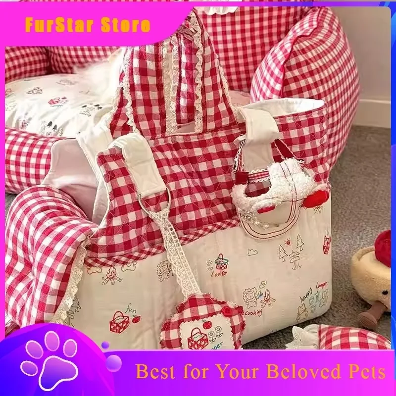 FurStarKorean Spring Pet Carrier Washable Cotton Cute Outing Bag For Yorkie Maltese Shih Tzu Red Sweet Cat Bag With Mat Small Ba