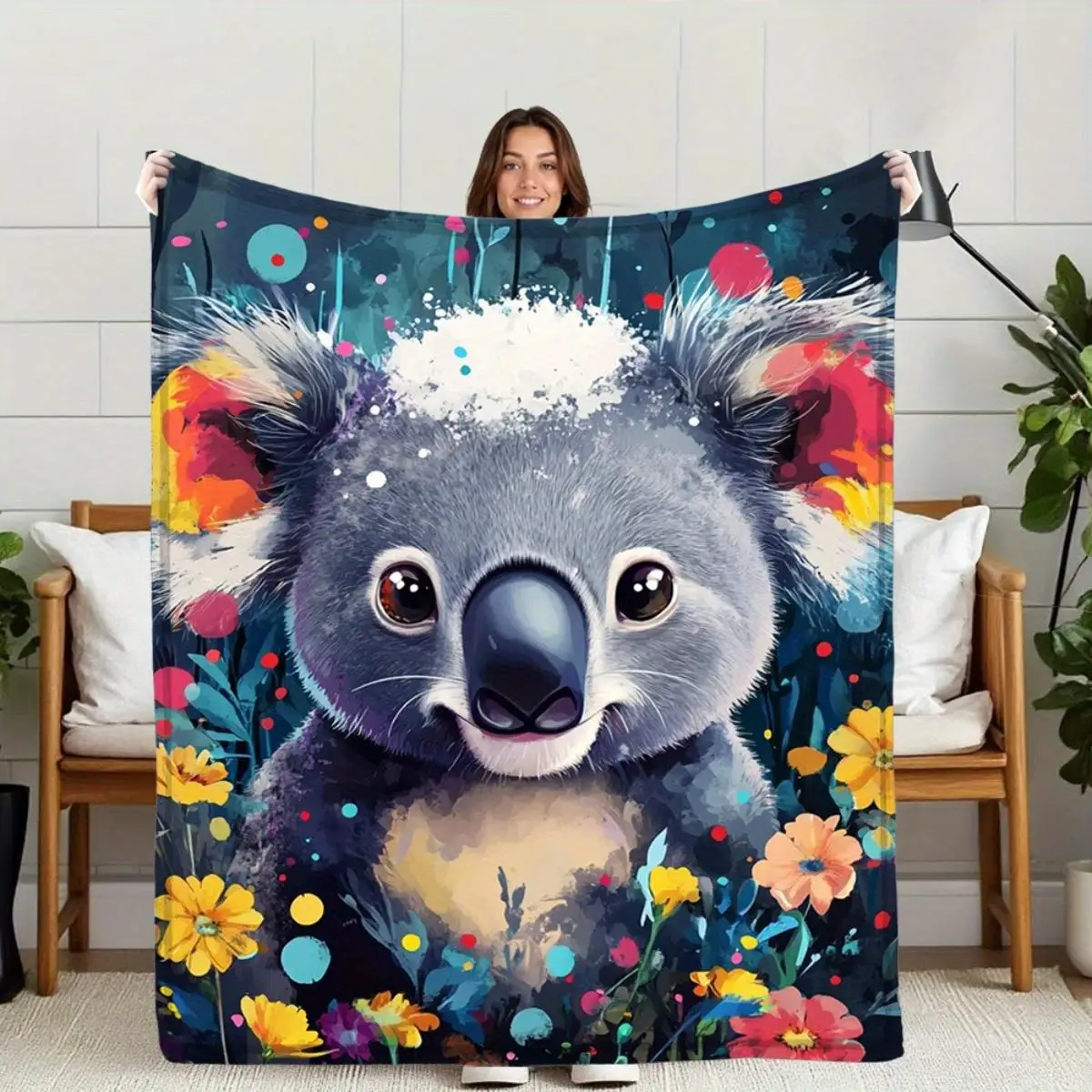 Cute koala with floral pattern Flannel printed blanket suitable for all seasons suitable for living room office sofa and travel