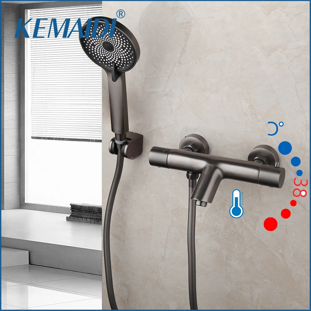 

KEMAIDI Grey Constant Temperature Bathtub Shower Faucet Set Soild Brass Bathroom Hot & Cold Wall Mounted Handheld Waterfall Tap