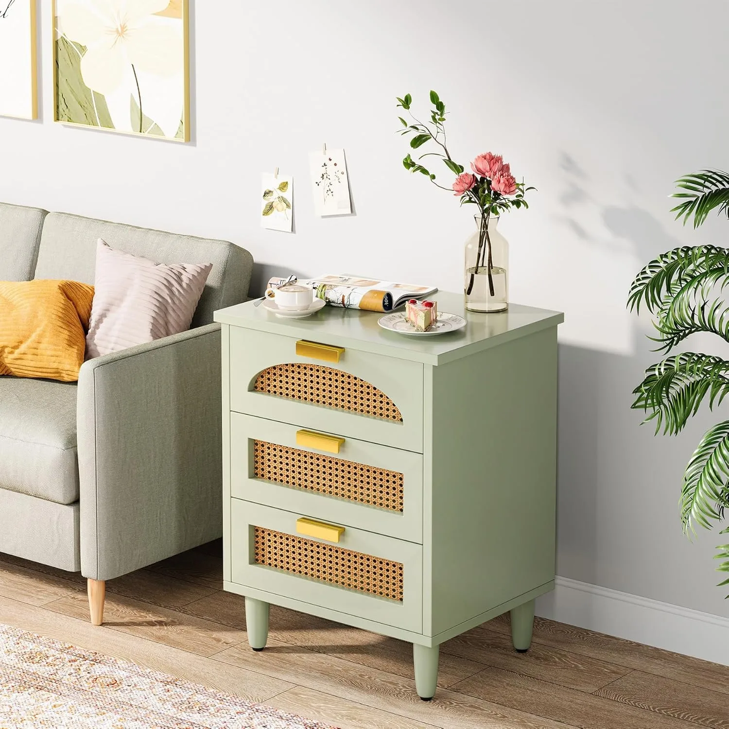 Mint Green Nightstand, 3-Drawer Rattan Night Stand Side Table, Accent Bedside Tables End Table for Bedroom and Small Spaces